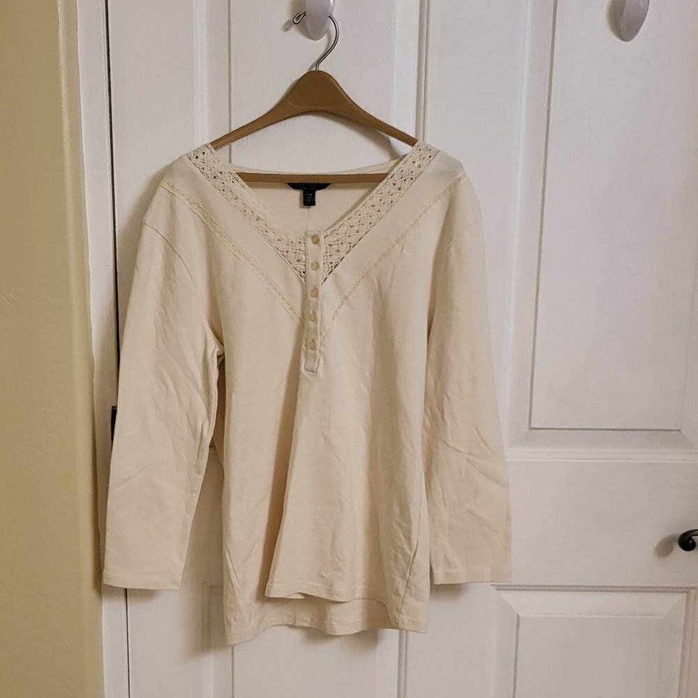 RALPH LAUREN Beige Lace Henley Embroidered Long Sleeve V Neck Top Size Large NWT - Picture 7 of 14